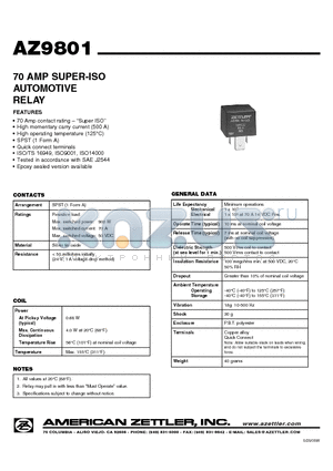 AZ9801 datasheet - 70 AMP SUPER-ISO AUTOMOTIVE RELAY