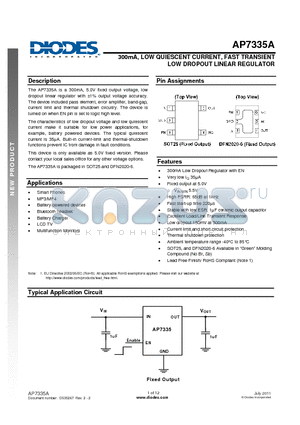 AP7335A-50 datasheet - 300mA, LOW QUIESCENT CURRENT, FAST TRANSIENT LOW DROPOUT LINEAR REGULATOR