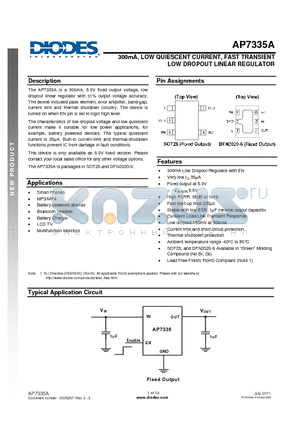 AP7335A-XXSN-7 datasheet - 300mA, LOW QUIESCENT CURRENT, FAST TRANSIENT LOW DROPOUT LINEAR REGULATOR