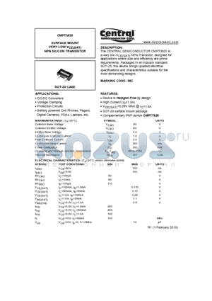 CMPT3820 datasheet - SURFACE MOUNT VERY LOW VCE(SAT) NPN SILICON TRANSISTOR