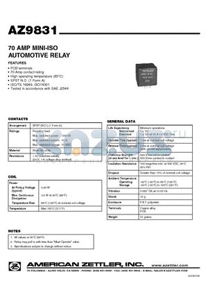 AZ9831-1A-12D datasheet - 70 AMP MINI-ISO AUTOMOTIVE RELAY