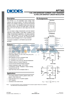 AP7362 datasheet - 1.5A, LOW QUIESCENT CURRENT, FAST TRANSIENT ULTRA-LOW DROPOUT LINEAR REGULATOR