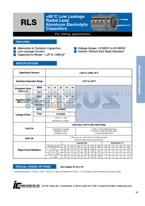 157RLS025M datasheet - 85`C Low Leakage Radial Lead Aluminum Electrolytic Capacitors