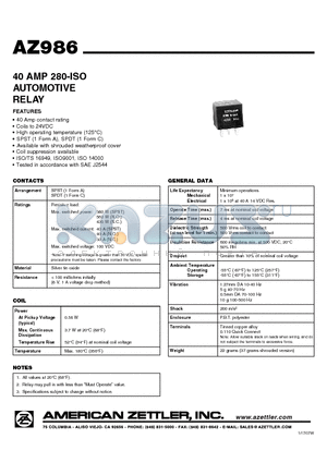 AZ986-1A-12DC1D3 datasheet - 40 AMP 280-ISO AUTOMOTIVE RELAY