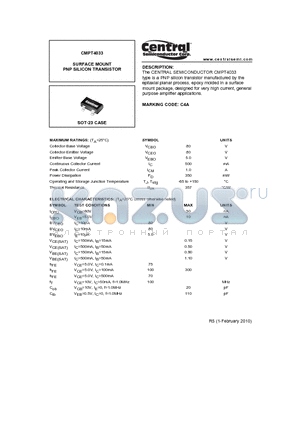 CMPT4033_10 datasheet - SURFACE MOUNT PNP SILICON TRANSISTOR