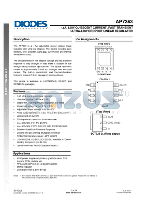 AP7363-10 datasheet - 1.5A, LOW QUIESCENT CURRENT, FAST TRANSIENT ULTRA-LOW DROPOUT LINEAR REGULATOR