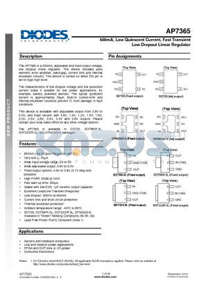 AP7365 datasheet - 600mA, Low Quiescent Current, Fast Transient