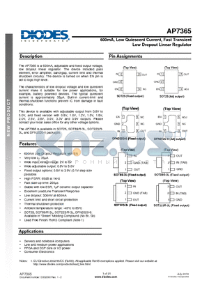 AP7365 datasheet - 600mA, Low Quiescent Current, Fast Transient Low Dropout Linear Regulator