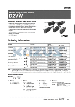 D2VW-5L3-1HS datasheet - Sealed Snap Action Switch