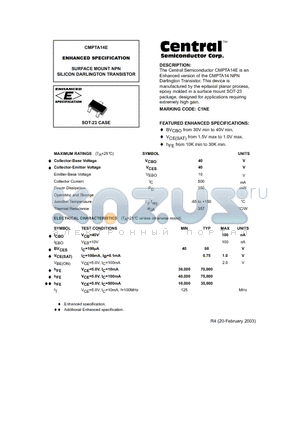 CMPTA14E datasheet - ENHANCED SPECIFICATION SURFACE MOUNT NPN SILICON DARLINGTON TRANSISTOR