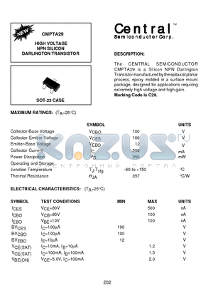 CMPTA29 datasheet - HIGH VOLTAGE NPN SILICON DARLINGTON TRANSISTOR