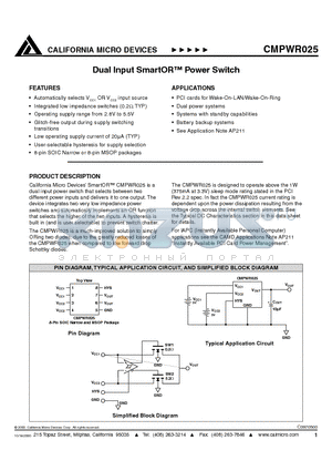 CMPWR025 datasheet - Dual Input SmartOR Power Switch