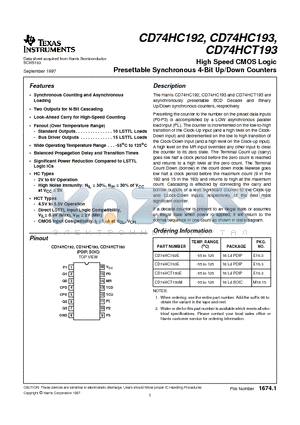 CD74HC192E datasheet - High Speed CMOS Logic Presettable Synchronous 4-Bit Up/Down Counters
