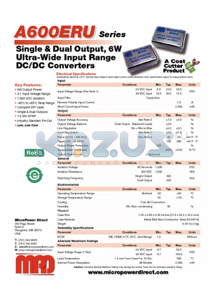 A600ERU datasheet - Single & Dual Output, 6W Ultra-Wide Input Range DC/DC Converters