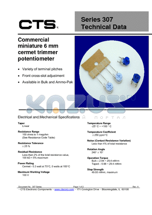 307UC102E datasheet - Commercial miniature 6 mm cermet trimmer potentiometer