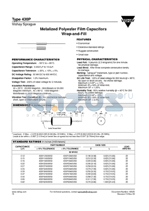 430P505X5050 datasheet - Metalized Polyester Film Capacitors Wrap-and-Fill