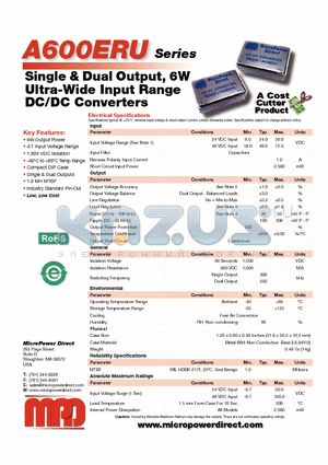 A609ERU datasheet - Single & Dual Output, 6W Ultra-Wide Input Range DC/DC Converters