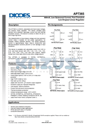 AP7365-XXSNG-7 datasheet - 600mA, Low Quiescent Current, Fast Transient