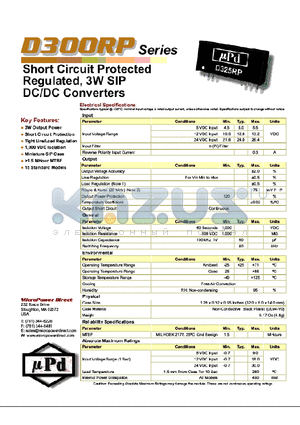 D305RP datasheet - Short Circuit Protected Regulated, 3W SIP DC/DC Converters