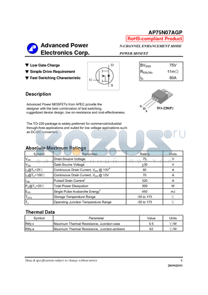 AP75N07AGP datasheet - N-CHANNEL ENHANCEMENT MODE POWER MOSFET