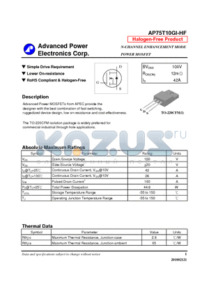 AP75T10GI-HF datasheet - N-CHANNEL ENHANCEMENT MODE POWER MOSFET