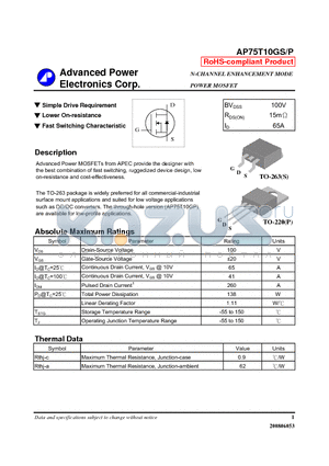 AP75T10GS datasheet - N-CHANNEL ENHANCEMENT MODE POWER MOSFET