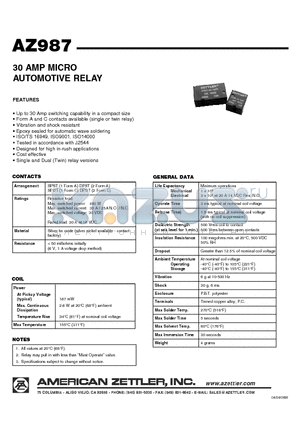 AZ987-1A-12DET datasheet - 30 AMP MICRO AUTOMOTIVE RELAY