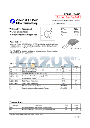 AP75T12GI-HF datasheet - N-CHANNEL ENHANCEMENT MODE POWER MOSFET