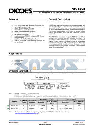 AP78L05SL-A datasheet - 5V OUTPUT 3-TERMINAL POSITIVE REGULATOR