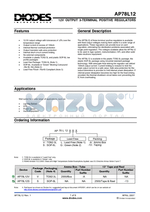 AP78L12SG-A datasheet - 12V OUTPUT 3-TERMINAL POSITIVE REGULATORS