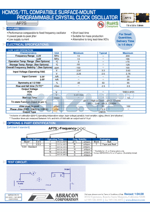 AP7S datasheet - HCMOS/TTL COMPATIBLE SURFACE-MOUNT PROGRAMMABLE CRYSTAL CLOCK OSCILLATOR