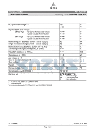 A61-A230XF datasheet - 2-Electrode-Arrester