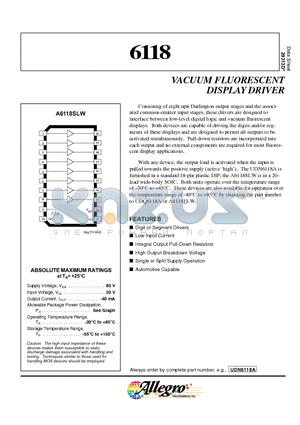 A6118SLW datasheet - VACUUM FLUORESCENT DISPLAY DRIVER