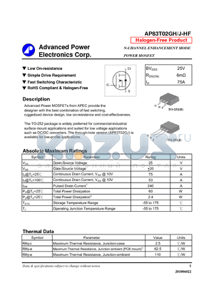 AP83T02GH-HF datasheet - Low On-resistance, Simple Drive Requirement