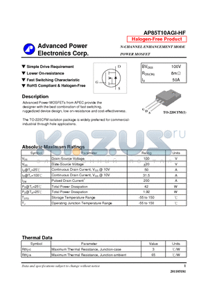 AP85T10AGI-HF datasheet - N-CHANNEL ENHANCEMENT MODE POWER MOSFET