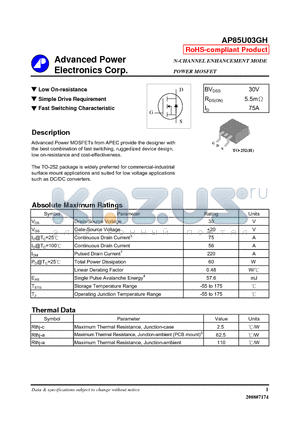 AP85U03GH datasheet - N-CHANNEL ENHANCEMENT MODE POWER MOSFET