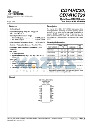 CD74HC20 datasheet - High Speed CMOS Logic Dual 4-Input NAND Gate