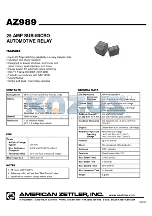 AZ989-1C-12DE datasheet - 25 AMP SUB-MICRO AUTOMOTIVE RELAY