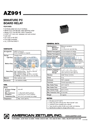 AZ991-1C-12D datasheet - MINIATURE PC BOARD RELAY