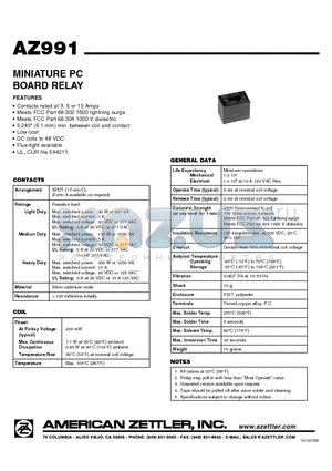 AZ991-1C-6D datasheet - MINIATURE PC BOARD RELAY