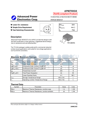AP90T03GS datasheet - Lower On- resistance, Simple Drive Requirement