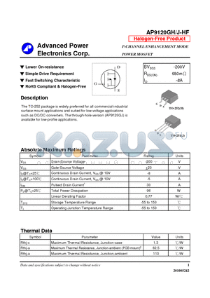 AP9120GH-HF datasheet - N-CHANNEL ENHANCEMENT MODE POWER MOSFET