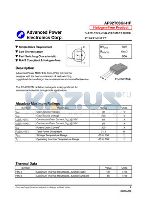 AP92T03GI-HF datasheet - Simple Drive Requirement, Low On-resistance
