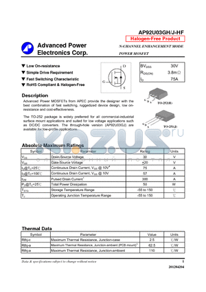 AP92U03GHJ-HF datasheet - Low On-resistance, Simple Drive Requirement