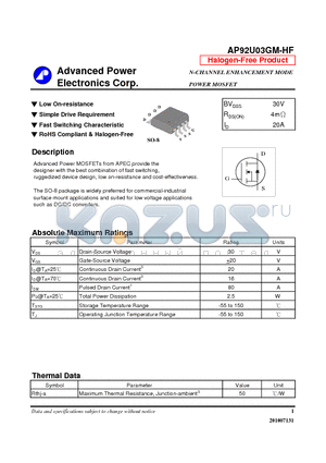 AP92U03GM-HF datasheet - Low On-resistance, Simple Drive Requirement