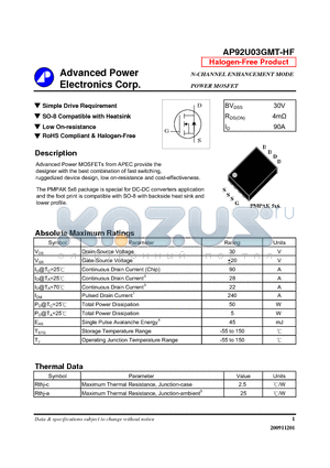 AP92U03GMT-HF datasheet - Simple Drive Requirement, SO-8 Compatible with Heatsink