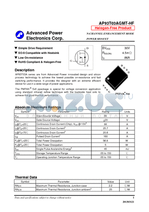 AP93T03AGMT-HF datasheet - Simple Drive Requirement, SO-8 Compatible with Heatsink