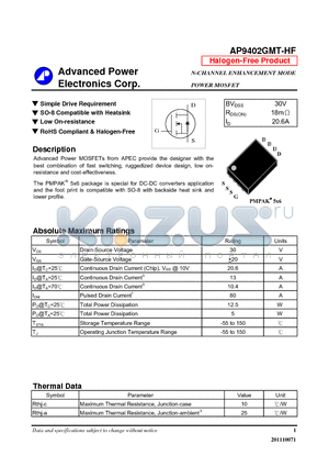 AP9402GMT-HF datasheet - Simple Drive Requirement, SO-8 Compatible with Heatsink