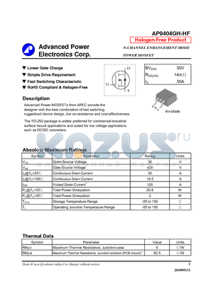 AP9404GH-HF datasheet - Lower Gate Charge, Fast Switching Characteristic