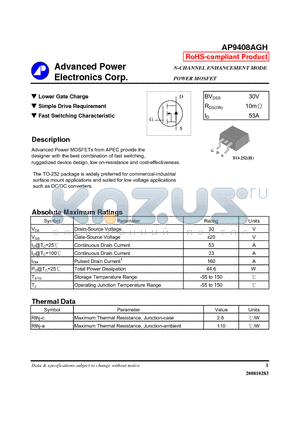 AP9408AGH datasheet - Lower Gate Charge, Simple Drive Requirement